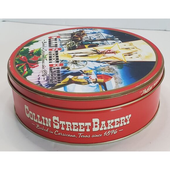 Collin Street Bakery Red Holiday Empty Tin 2.5" Tall x 8" Round Since 1896 - Picture 8 of 11